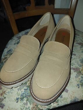 Blondo Tan Suede Penny Loafers with White Lug Sole